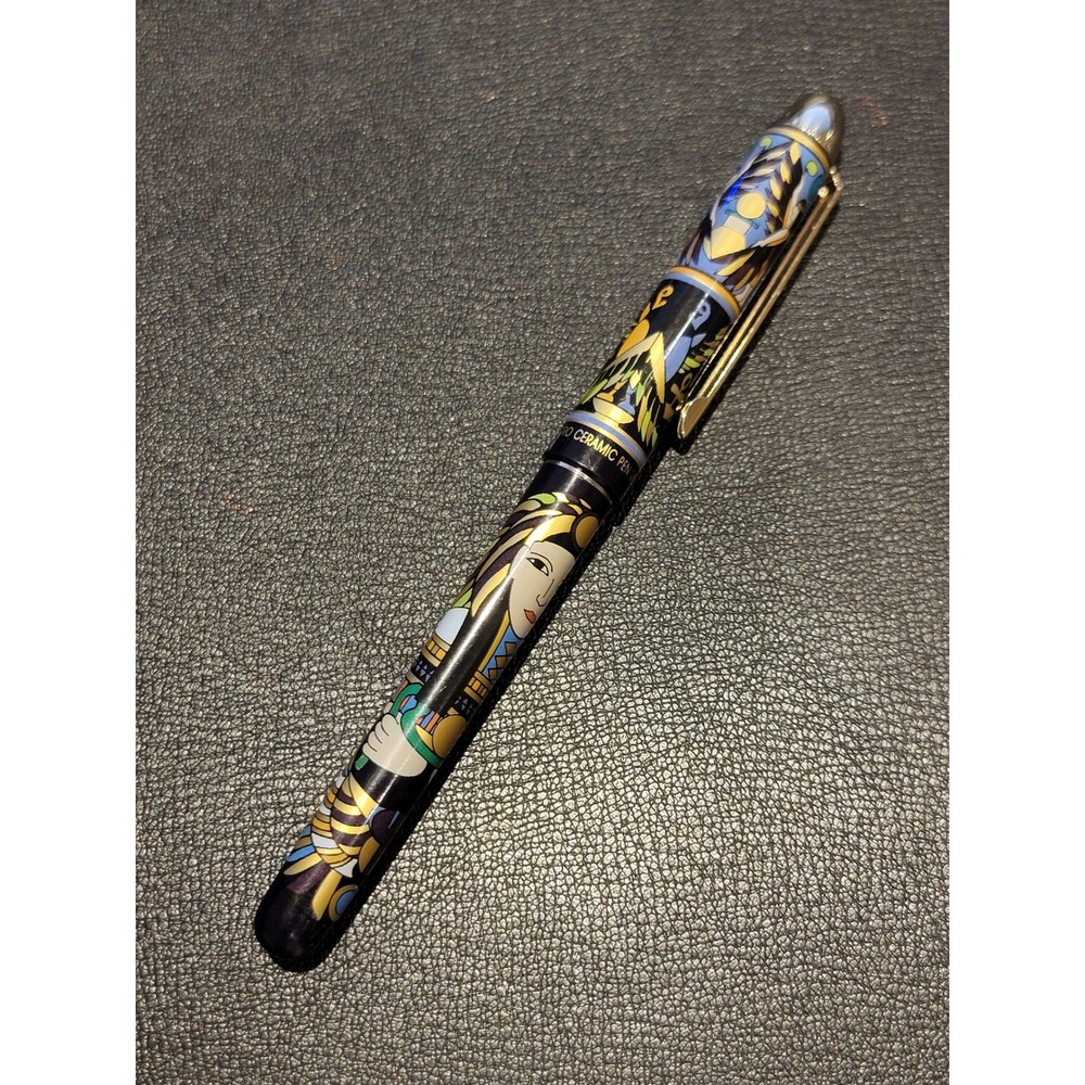 Vintage Micro Ceramic Ball Point Pen Egyptian Motif Black "Museum" Needs Refill